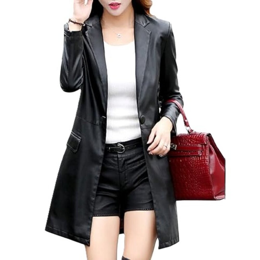 New Tanming faux-leather jacket Women's XL black trenchcoat Pockets Winter Fall